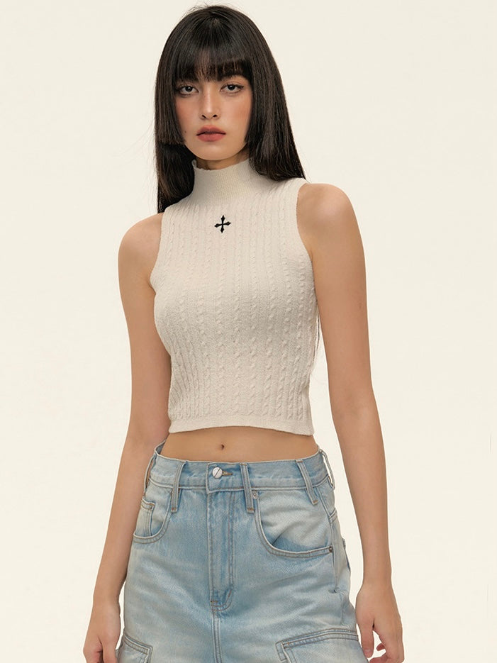 Embroidery Cross Turtle Neck Braided Pattern Sleeveless Knitted Top