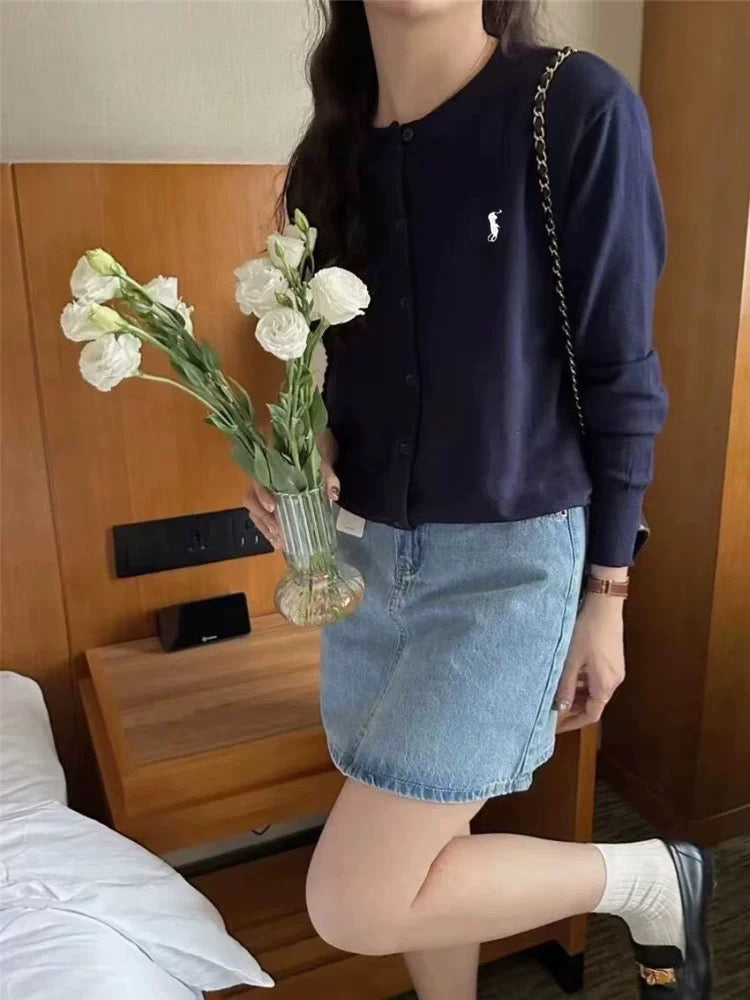 Button Down Embroidery Long Sleeve Soft Knitted Cardigan Top