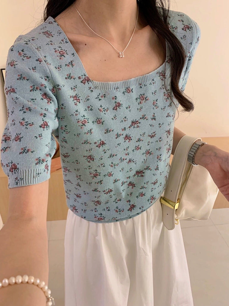 Floral Square Neck Short Sleeve Elegant Knitted Top