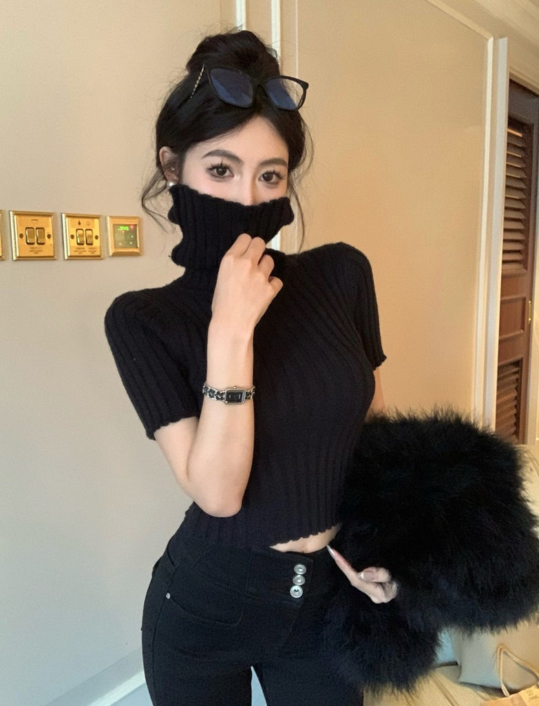 Turn-over Turtle Neck Side Slit Knitted Top