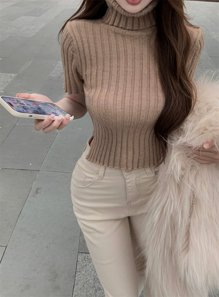 Turn-over Turtle Neck Side Slit Knitted Top