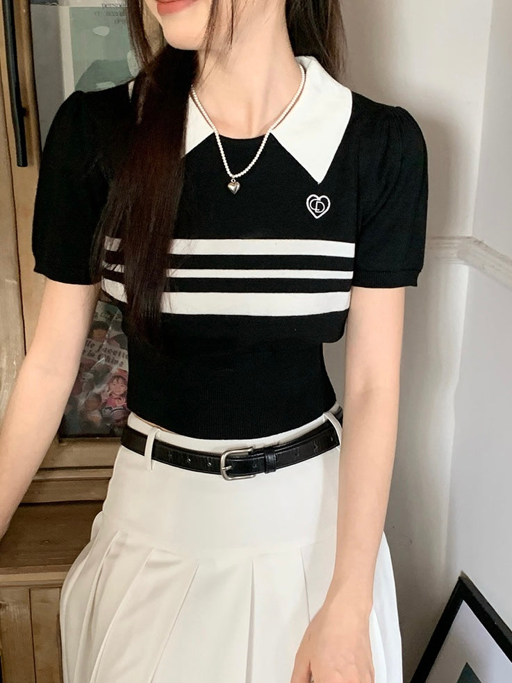Embroidery Logo Collar Neck Two Tone College Style Knitted Top