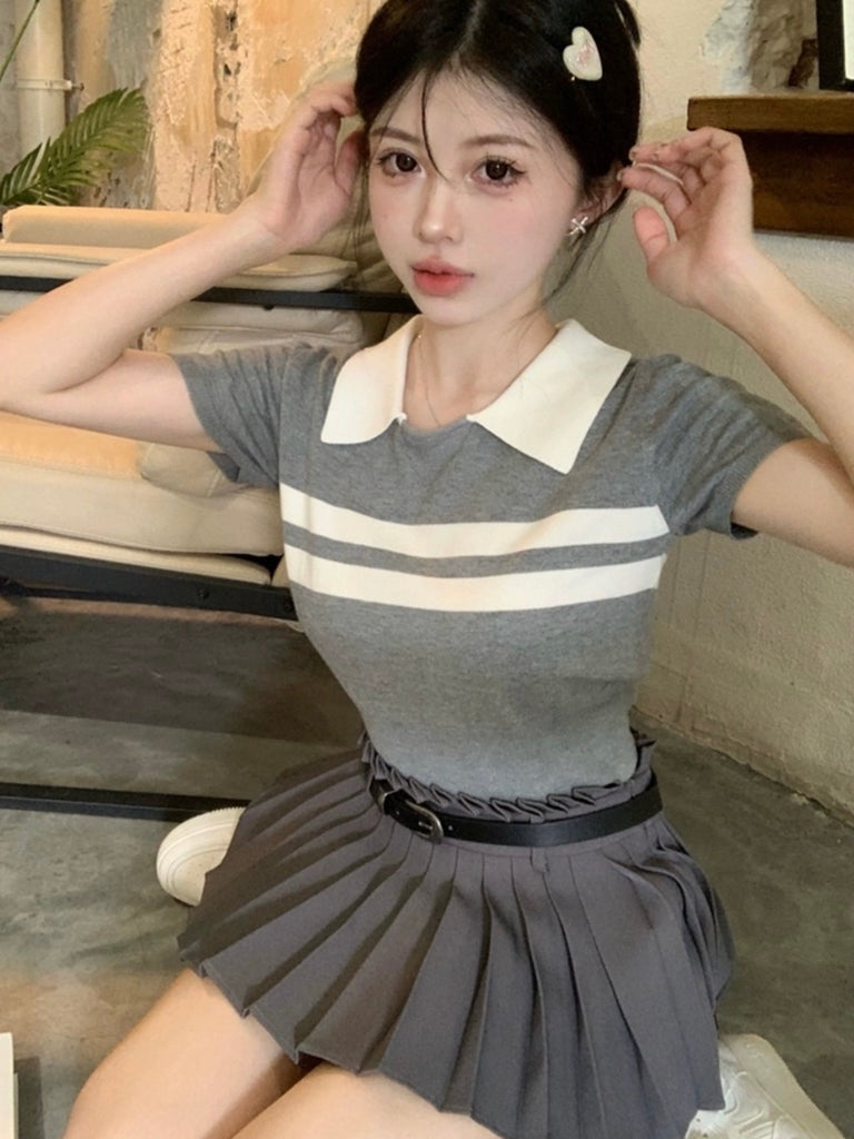 College Style Collar Neck Knitted Top