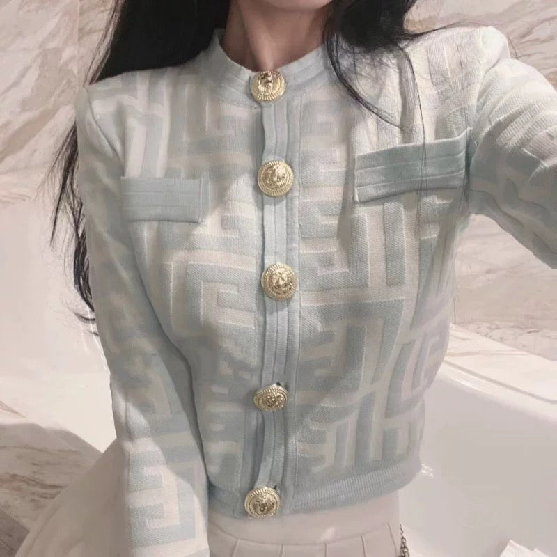 Geo Pattern Metallic Button Down Long Sleeve Knitted Cardigan Top