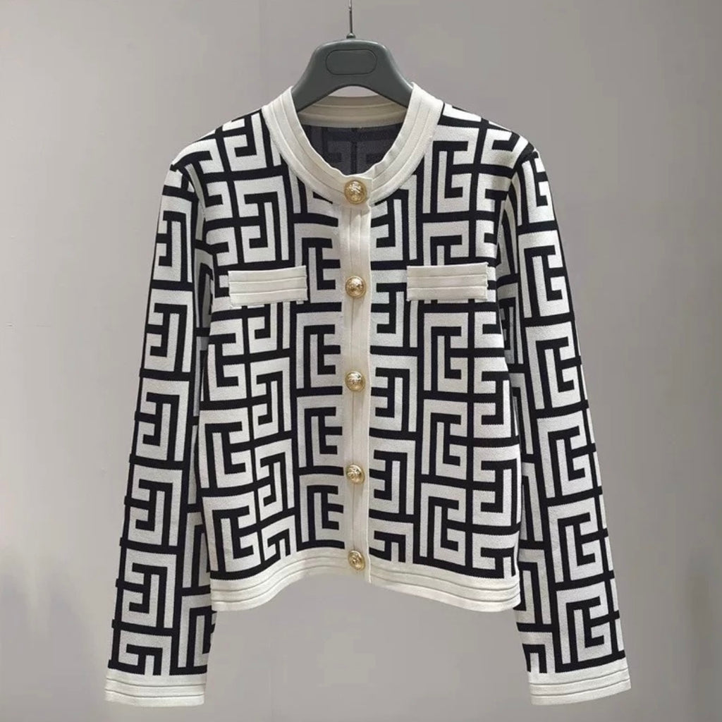 Geo Pattern Metallic Button Down Long Sleeve Knitted Cardigan Top