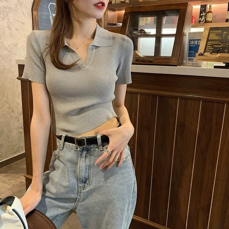 Simple Daily Outfit Collar Neck Solid Knitted Top
