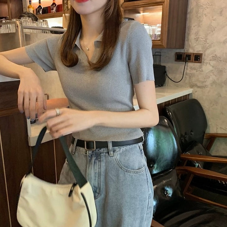 Simple Daily Outfit Collar Neck Solid Knitted Top