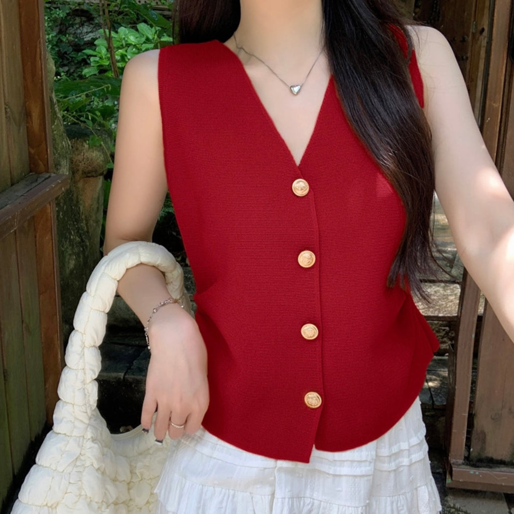 Button Down V-neck A-line Knitted Long Top