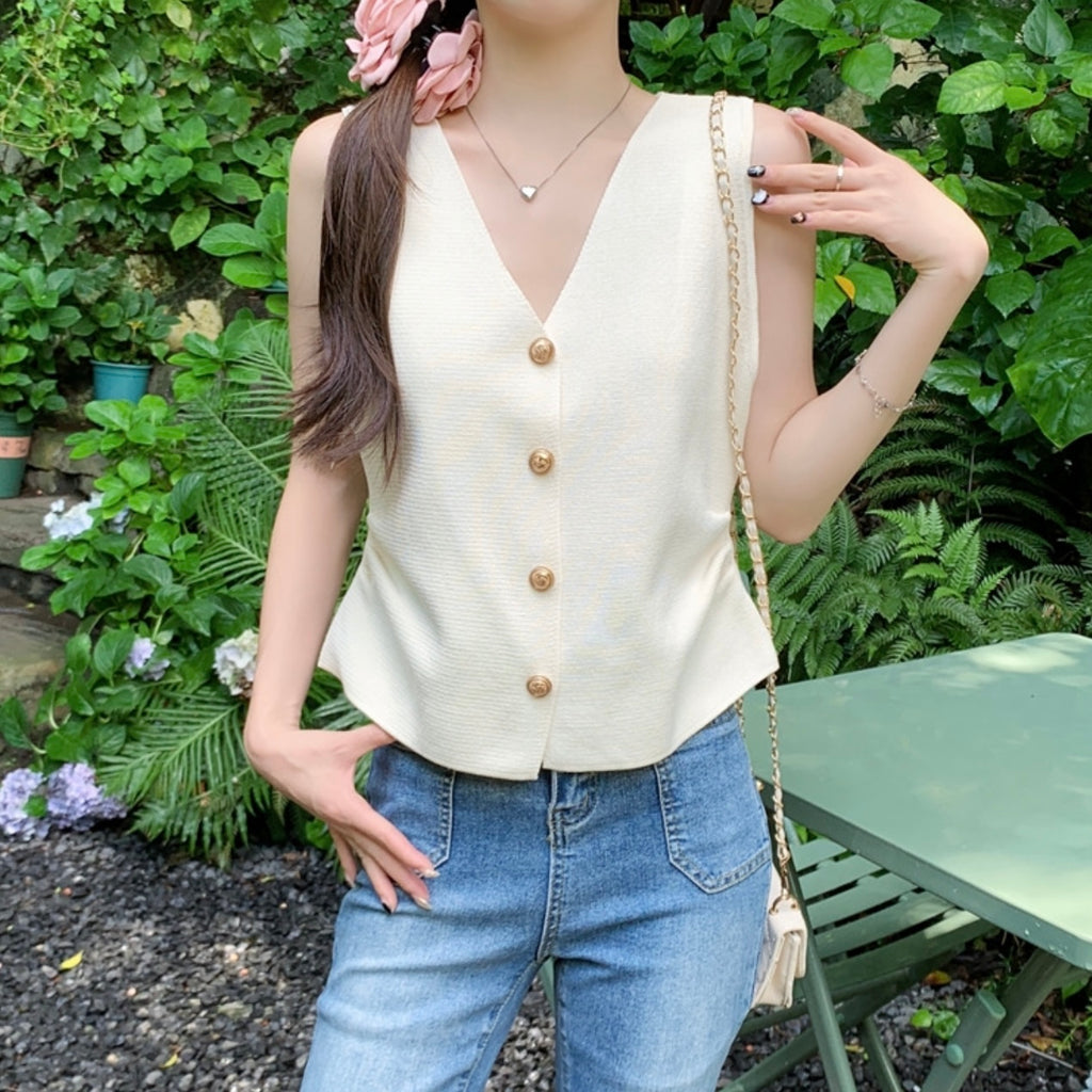 Button Down V-neck A-line Knitted Long Top