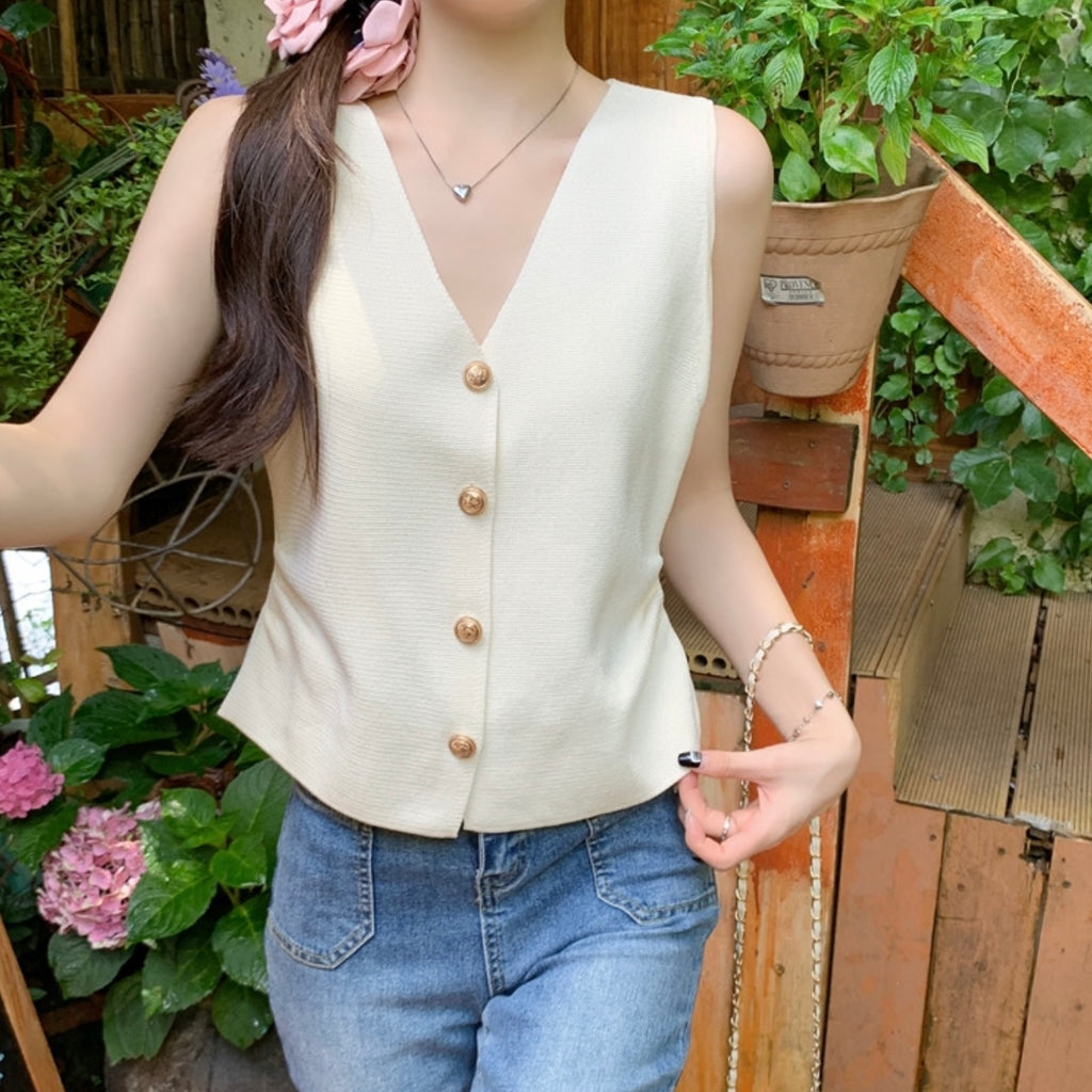 Button Down V-neck A-line Knitted Long Top