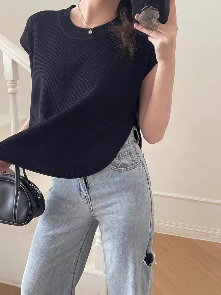 Side Split Oval Hem Oversize Knitted Top